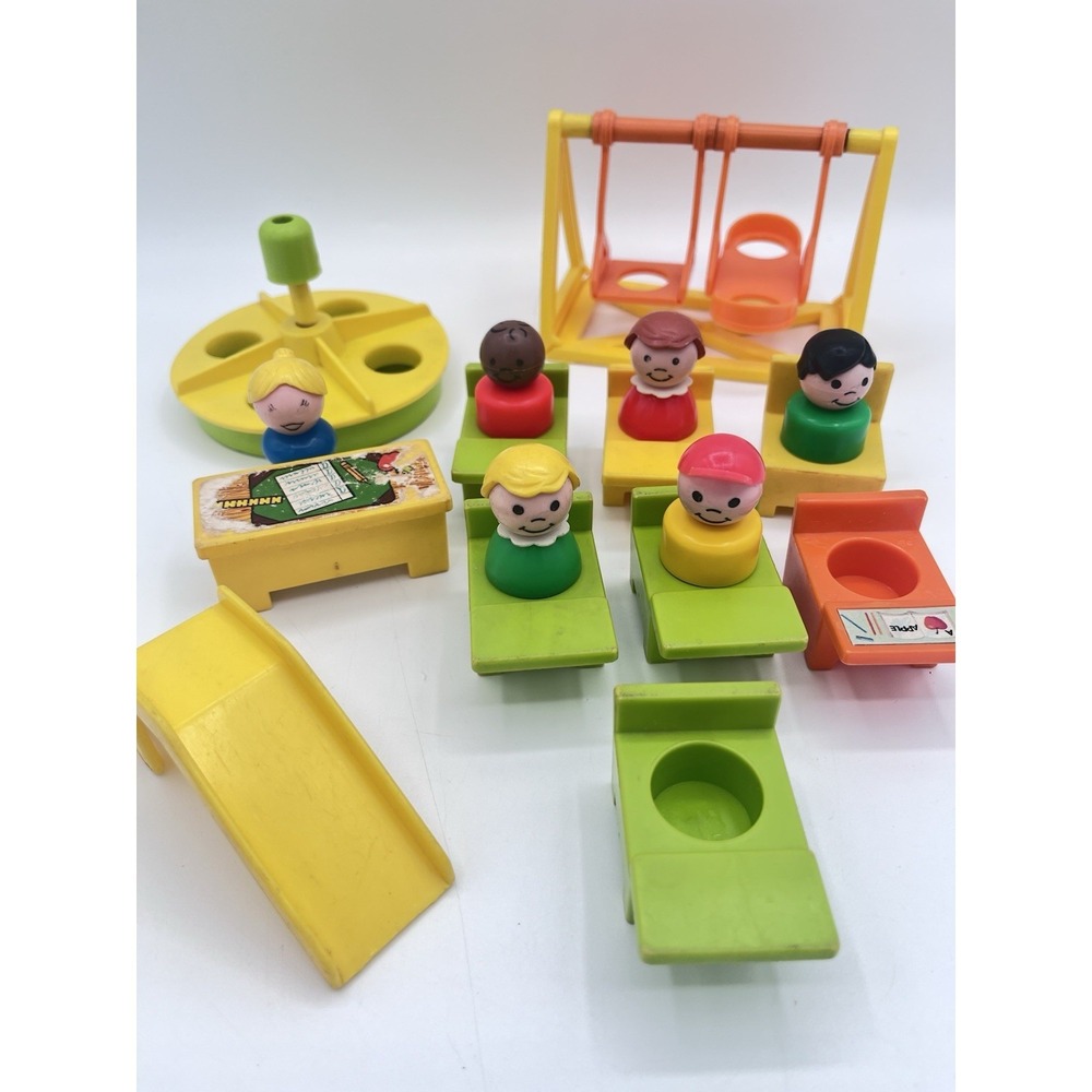 Vtg Fisher Price Little People Lot School Desks Teacher Playground Swings Slide